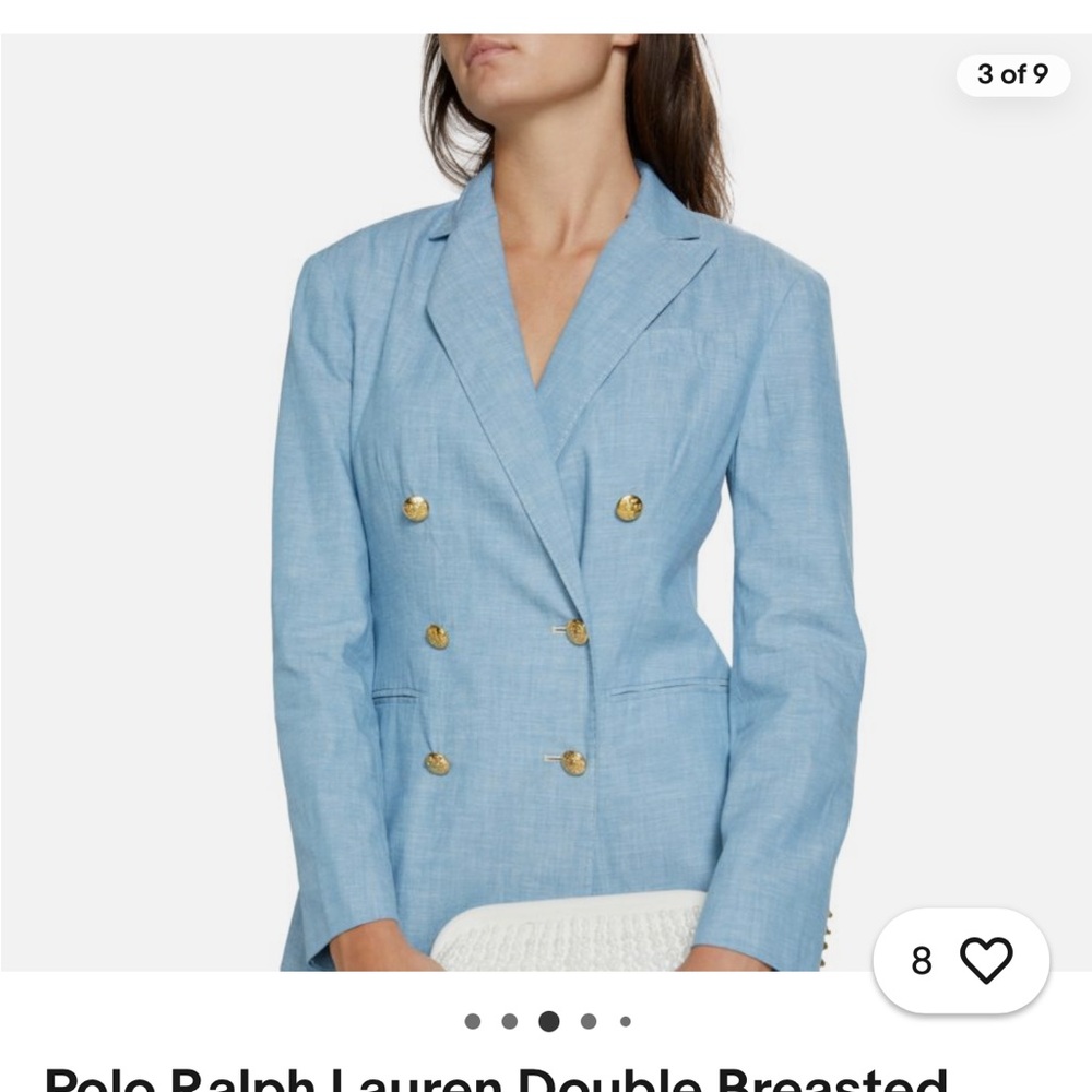 Polo Ralph Lauren Double Breasted Blazer Womens 12 Blue Chambray Gold Button$598